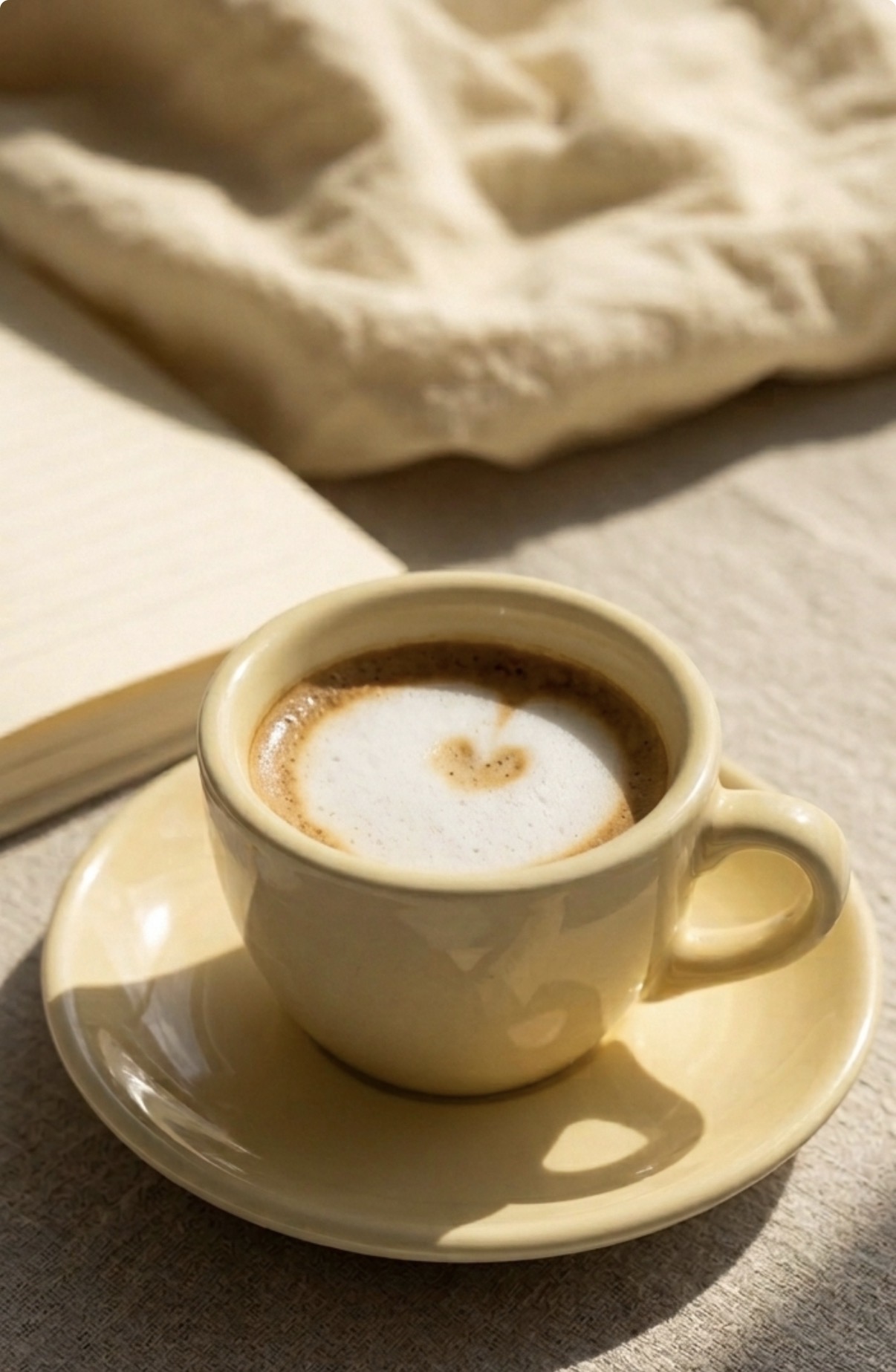 Cappuccino bij een open notitieboek in ochtendlicht