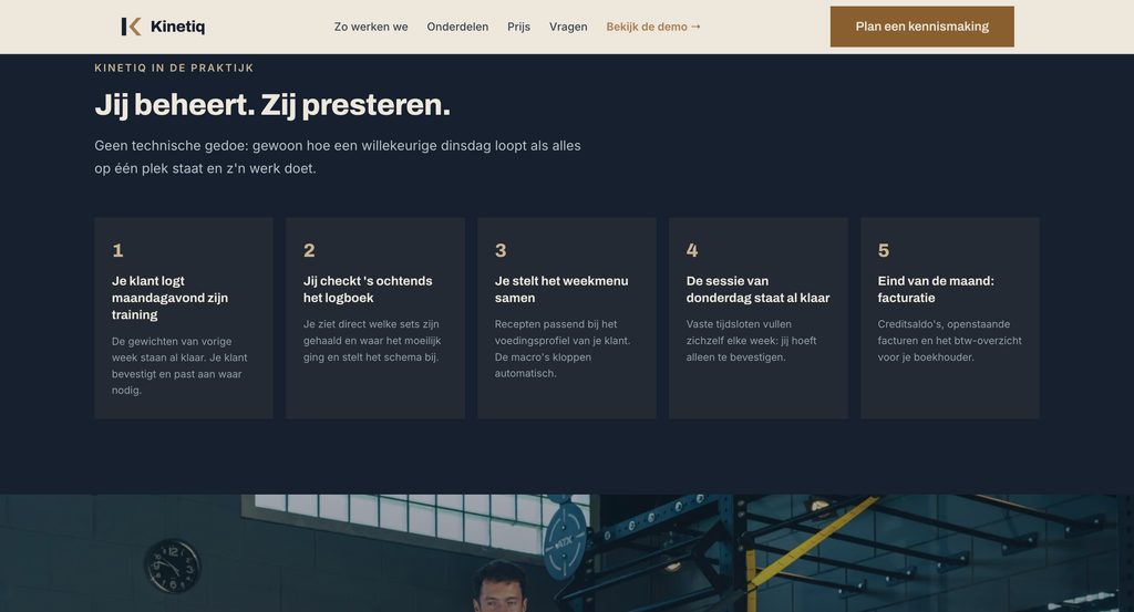 Sectie 'Jij beheert. Zij presteren.' met een dag uit de praktijk van een personal trainer