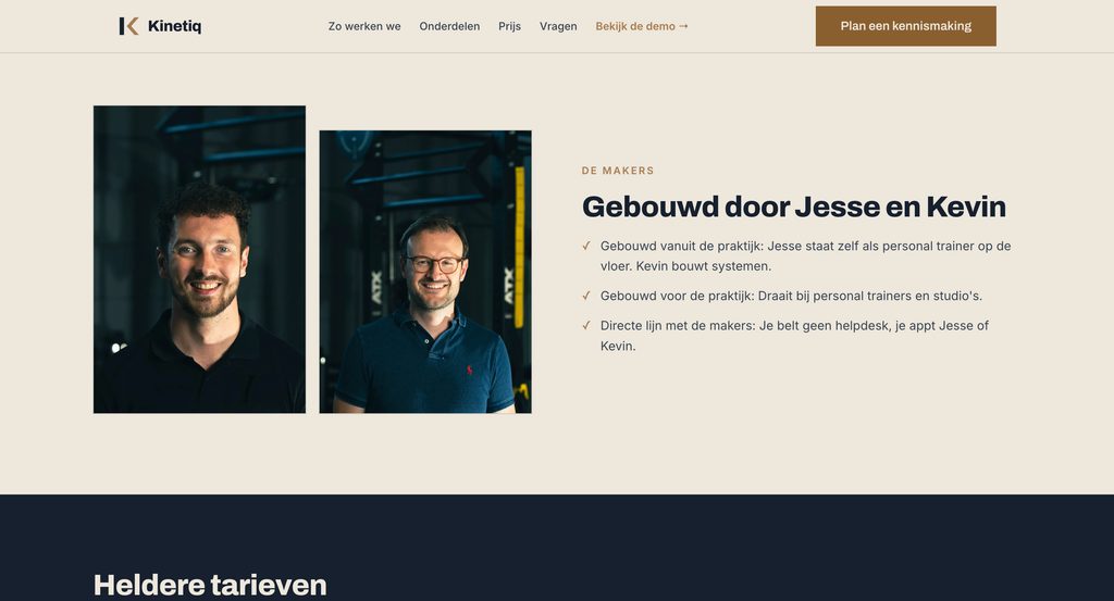 Sectie 'Gebouwd door Jesse en Kevin' met foto's van de oprichters
