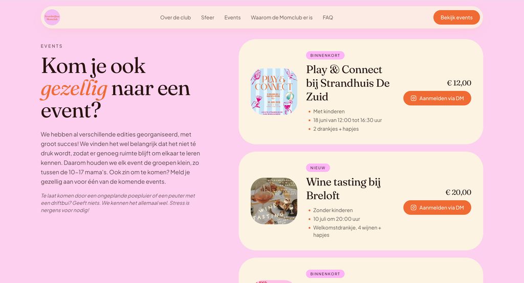 Overzicht van aankomende events op de Noordwijkse Momclub website