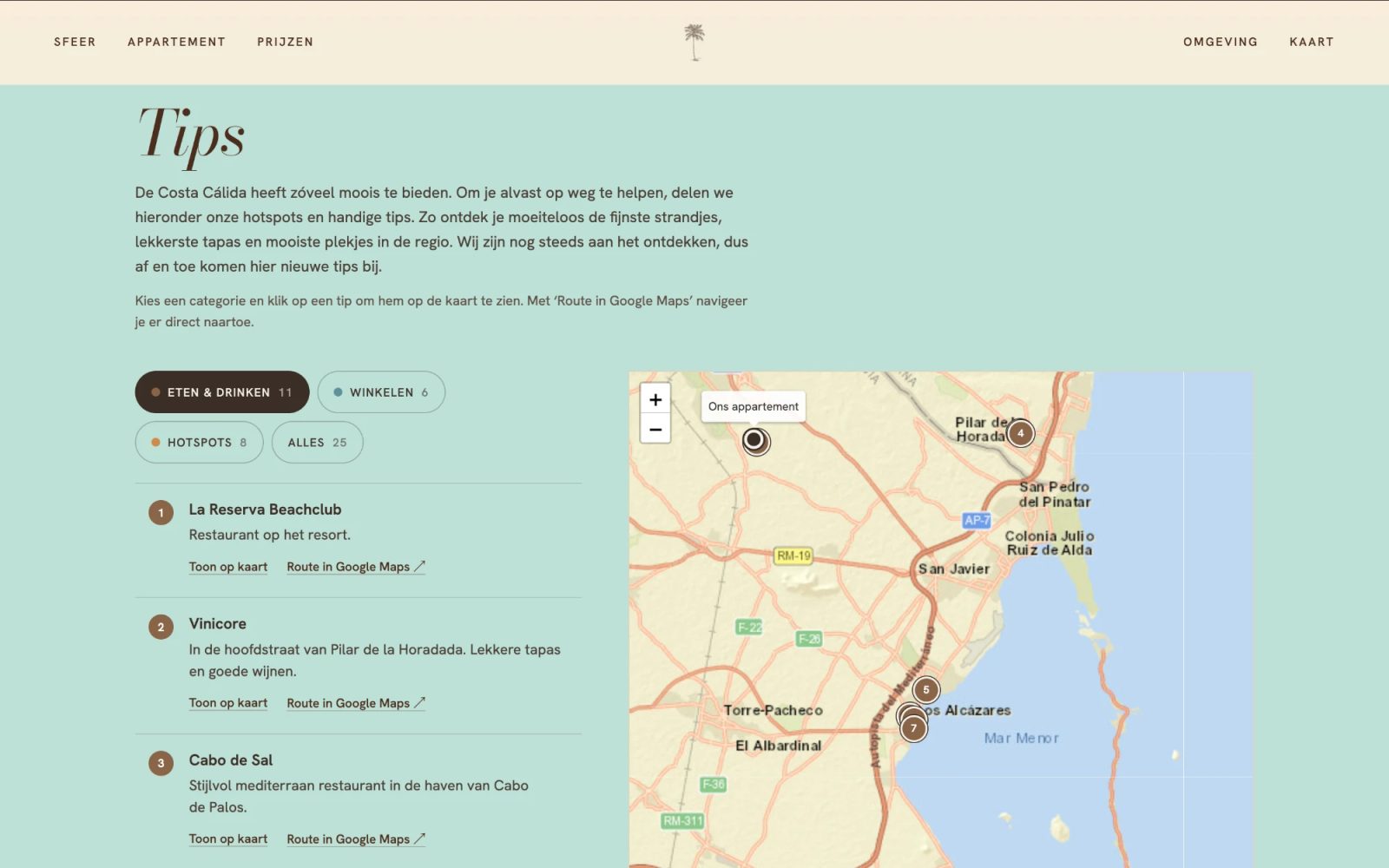 Sectie 'Tips' met een interactieve kaart en categorieën als eten & drinken en winkelen
