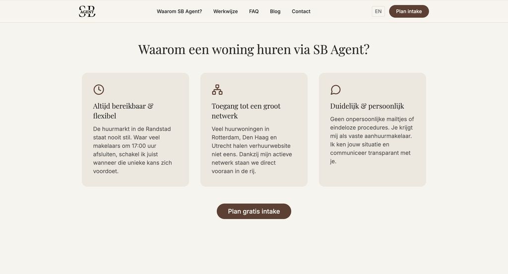 Sectie 'Waarom SB Agent?' met drie voordelen